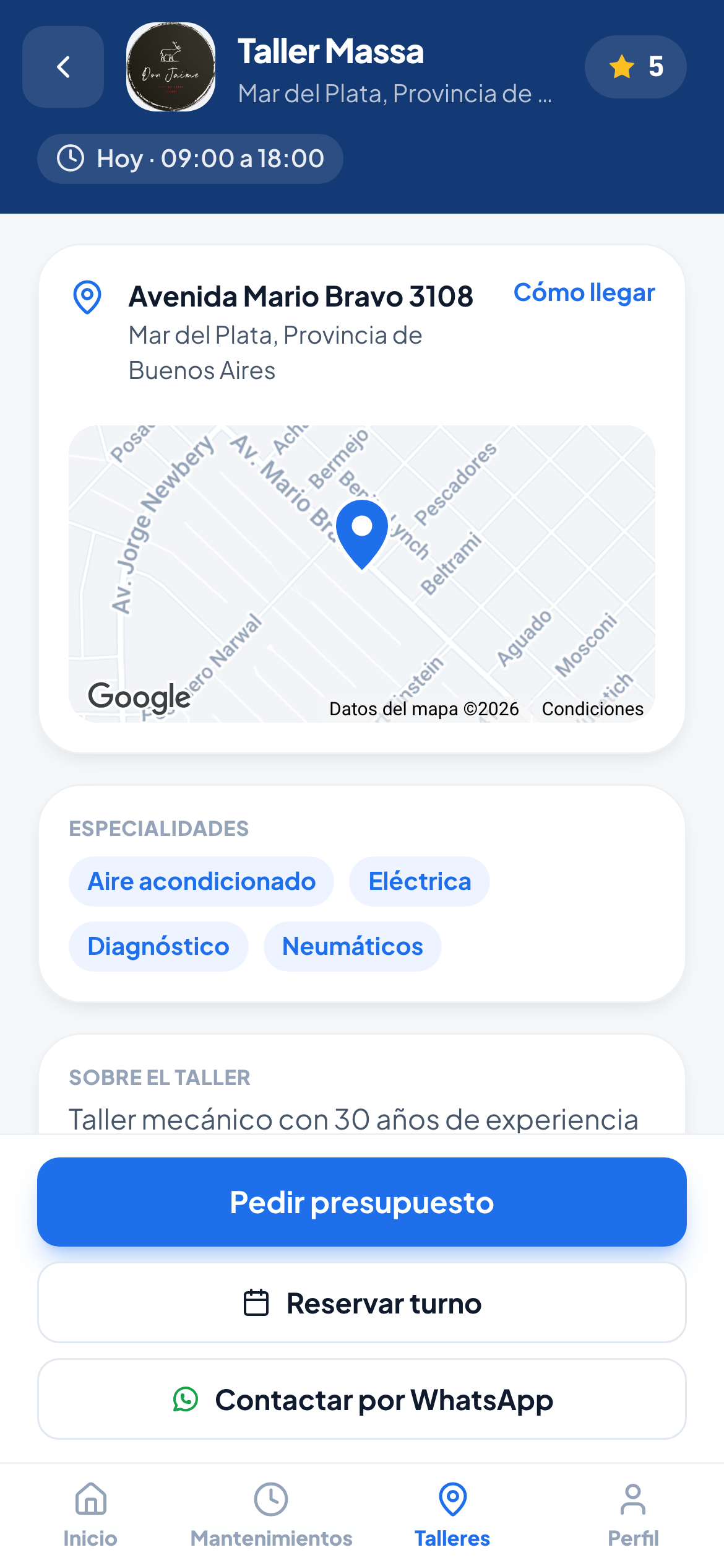 Captura: Perfil de taller