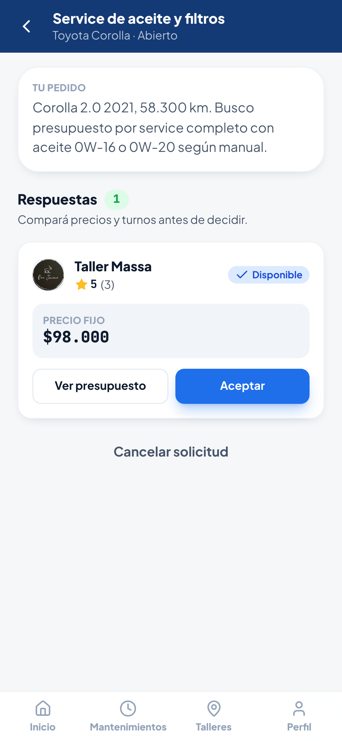 Captura: Presupuesto recibido